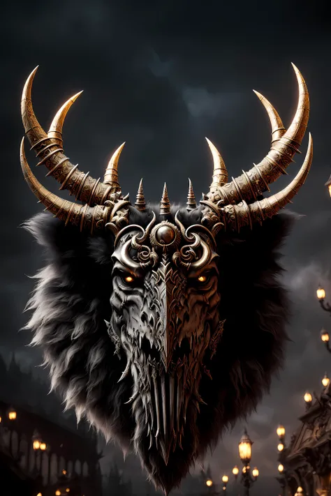 (dark magic), (grim), ten horns, ten diadems, (intricate details), (hyperdetailed), 8k hdr, high detailed, lot of details, high quality, soft cinematic light, dramatic atmosphere, atmospheric perspective