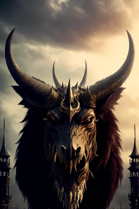 (dark magic), (grim), ten horns, ten diadems, (intricate details), (hyperdetailed), 8k hdr, high detailed, lot of details, high quality, soft cinematic light, dramatic atmosphere, atmospheric perspective