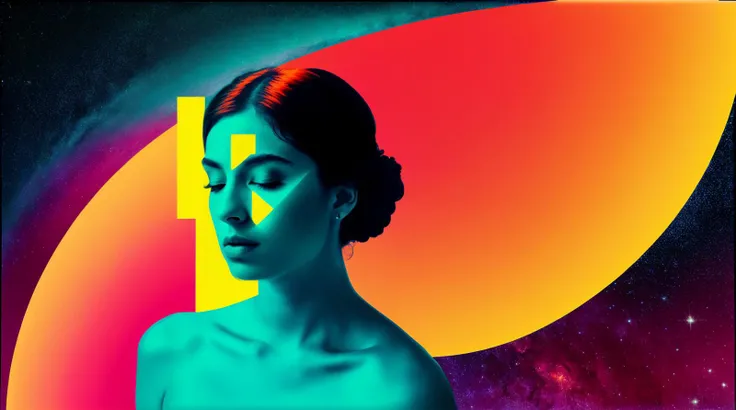RAW photo, a visually striking photography of a woman capturing the essence of space with a duotone minimalism impression; a cubist masterpiece of celestial forms colliding in a kaleidoscope of geometry, 8k uhd, dslr, soft lighting, high quality, film grain, Fujifilm XT3