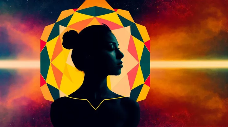 RAW photo, a visually striking photography of a woman capturing the essence of space with a duotone minimalism impression; a cubist masterpiece of celestial forms colliding in a kaleidoscope of geometry, 8k uhd, dslr, soft lighting, high quality, film grain, Fujifilm XT3