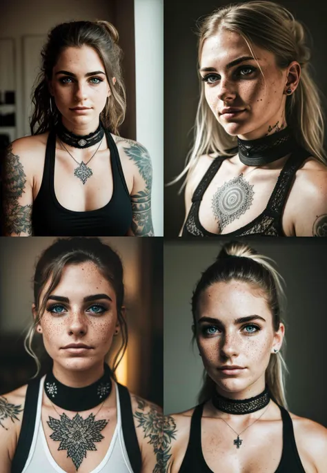 photo, rule of thirds, dramatic lighting, medium hair, detailed face, detailed nose, woman wearing tank top, freckles, collar or choker, smirk, tattoo, intricate background