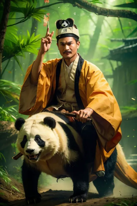 highres, 8k, absurdres, realistic, looking at viewer, male_focus, forest,  (riding on a panda), panda, holding, (fulu:1.3), sword_finger,
1boy, (Master_Gau:1.5), (black_headwear:1.2), hat, solo, cowboy shot, full body robe, yellow robe, 
<lora:Master_Gau-000003:0.6>,  <lora:riding_a:0.5>