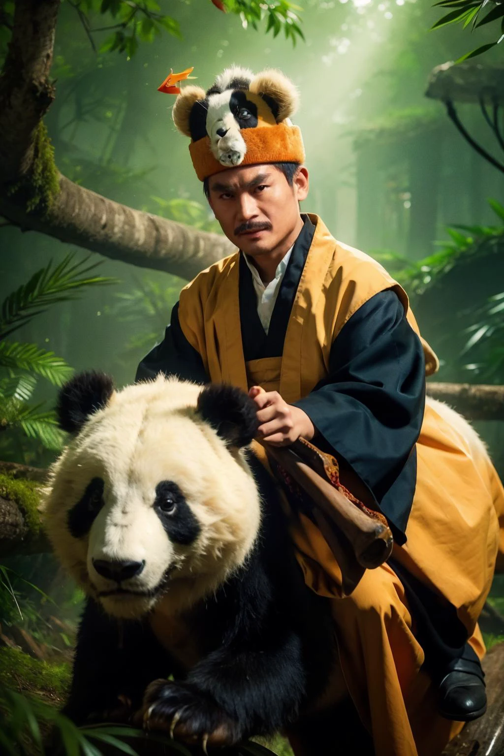 highres, 8k, absurdres, realistic, looking at viewer, male_focus, forest, (riding on a panda), panda,
1boy, (Master_Gau:1.5), (black_headwear:1.2), solo, cowboy shot,
<lora:Master_Gau-000003:0.5>, <lora:riding_a:0.5>