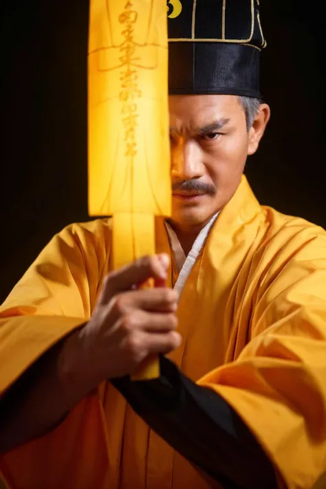 highres, 8k, absurdres, realistic, looking at viewer, male_focus, simple background, studio light,  black background,
1boy, (Master_Gau:1.5), holding, (Fulu),(yellow fulu:1.2), sword, sword_finger, hat, black_headwear, solo, close-up, <lora:Master_Gau-000003:0.65>,