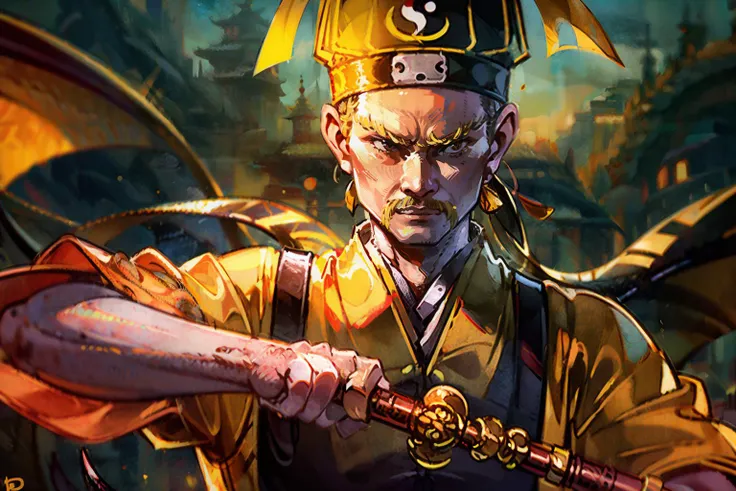 ((masterpiece), (best quality), ultra high res, (raw photo:1.2), (photorealistic:1.4), Exceptional detail, dramatic lighting, highres,   8k, absurdres,  1boy, (Master_Gau:1.5), holding, (Fulu),(yellow fulu:1.2), sword, sword_finger,  hat, black_headwear, solo, close-up, 
<lora:Master_Gau-000003:0.7>,   <lora:xuanxue_v2.0:0.4>  long sleeves, beard, hanfu, 
 <lora:ChineseDragon_v1:1> chinesedragon,