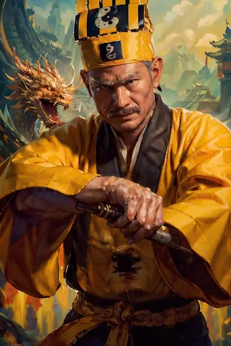 ((masterpiece), (best quality), ultra high res, (raw photo:1.2), (photorealistic:1.4), Exceptional detail, dramatic lighting, highres, 8k, absurdres, 1boy, (Master_Gau:1.5), holding, (Fulu),(yellow fulu:1.2), sword, sword_finger, hat, black_headwear, solo, close-up,
<lora:Master_Gau-000003:0.7>, <lora:xuanxue_v2.0:0.4> long sleeves, beard, hanfu,
<lora:ChineseDragon_v1:1> chinesedragon,