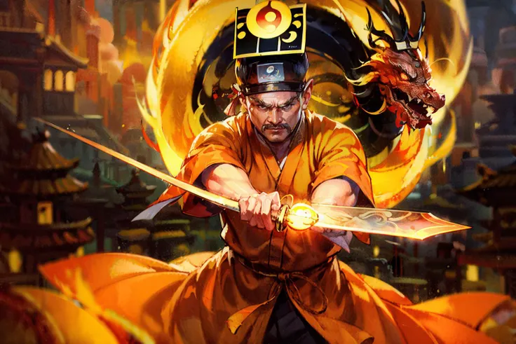 ((masterpiece), (best quality), ultra high res, (raw photo:1.2), (photorealistic:1.4), Exceptional detail, dramatic lighting, highres,   8k, absurdres,  1boy, (Master_Gau:1.5), holding, (Fulu),(yellow fulu:1.2), sword, sword_finger,  hat, black_headwear, solo, close-up, 
<lora:Master_Gau-000003:0.7>,   <lora:xuanxue_v2.0:0.4>  long sleeves, beard, hanfu, 
 <lora:ChineseDragon_v1:1> chinesedragon,