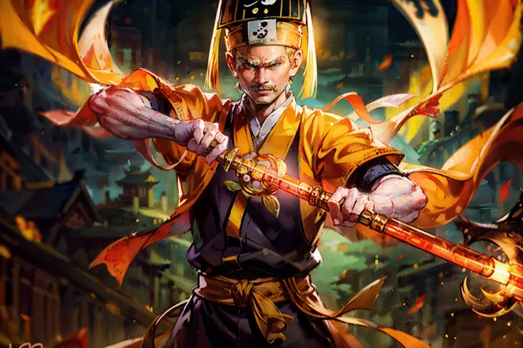 ((masterpiece), (best quality), ultra high res, (raw photo:1.2), (photorealistic:1.4), Exceptional detail, dramatic lighting, highres, 8k, absurdres, 1boy, (Master_Gau:1.5), holding, (Fulu),(yellow fulu:1.2), sword, sword_finger, hat, black_headwear, solo, close-up,
<lora:Master_Gau-000003:0.7>, <lora:xuanxue_v2.0:0.4> long sleeves, beard, hanfu,
<lora:ChineseDragon_v1:1> chinesedragon,