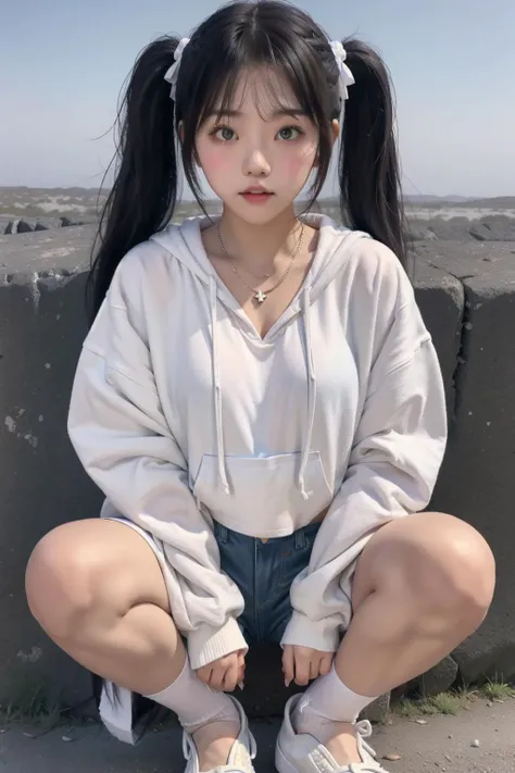 <lora:doll6:0.6>1girl, twintail, upper_body, Oversized pastel hoodie, Denim shorts, White ankle socks, Canvas slip-ons, and cute charm necklace., Foggy morning in a mystical moorland