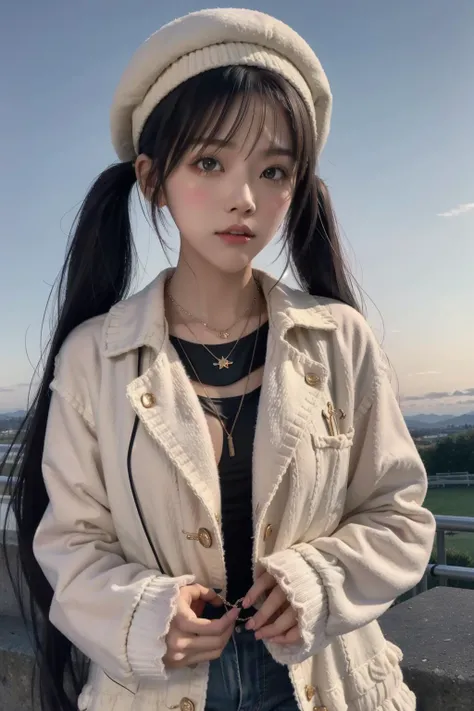 <lora:doll6:0.6>1girl, twintail, upper_body, Teddy bear coat, Skinny jeans, Ankle boots, Beret, and pendant necklace., Dramatic sunset over a serene countryside
