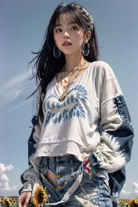 <lora:doll6:0.6>1girl, upper_body, Tie-dye sweatshirt, Mom jeans, White canvas sneakers, Hoop earrings and layered necklaces, Field of sunflowers that turn to follow a comet instead of the sun, extending to the horizon