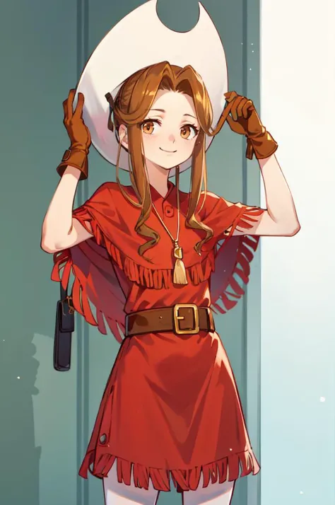 smile, <lora:LoRA_Mimi:1> blonde hair, brown hair, red eyes, brown eyes, gloves, hat, dress, belt, red dress, fringe trim, poncho, cowboy hat, <lora:tsubasa:1>, ultra detailed, masterpiece, best quality, aesthetic, detailed,