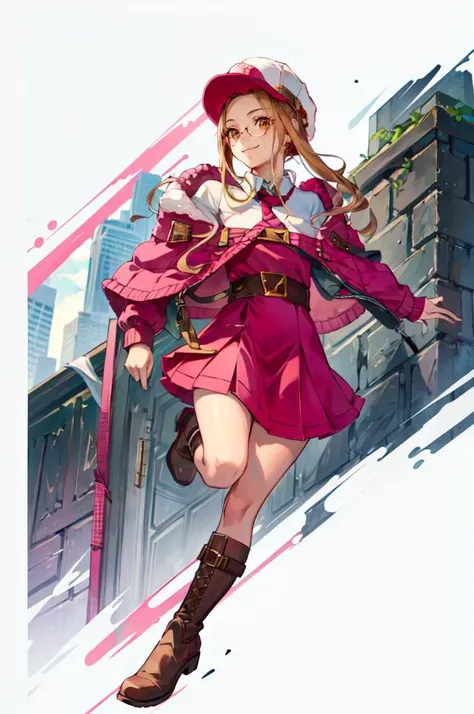 smile, <lora:LoRA_Mimi:1> blonde hair, brown hair, red eyes, brown eyes, <lora:outfit medusaclothing:1> baseball cap, jacket, knee boots, collared shirt, dress,, ultra detailed, masterpiece, best quality, aesthetic, detailed,