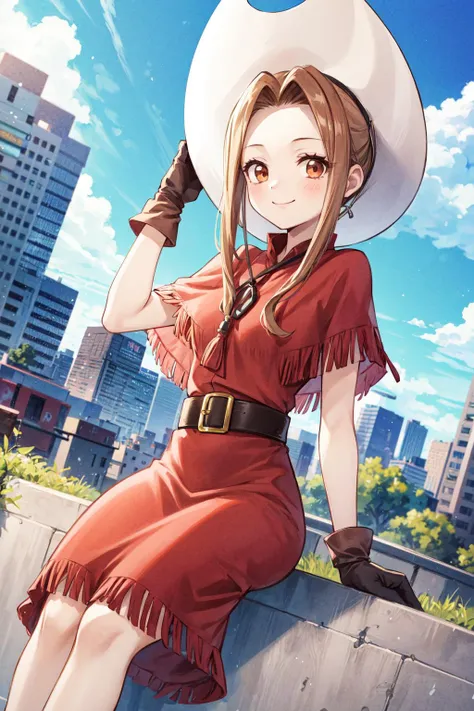 masterpiece,best quality,1girl,solo,tachikawa mimi,[blonde hair|brown hair],gloves,[red eyes|brown eyes],hat,cowboy hat,belt,dress,red dress,fringe trim,poncho,smile,sitting,city,blue sky,cloud,outdoors,cowboy shot,dutch angle,<lora:Concept-control tool-add_detail-CyberAIchemist:0.8>,<lora:LoRA_Mimi:1>,