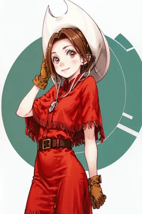 smile, <lora:LoRA_Mimi:1> blonde hair, brown hair, red eyes, brown eyes, gloves, hat, dress, belt, red dress, fringe trim, poncho, cowboy hat, <lora:Focke_wulf_style_v02:1>, ultra detailed, masterpiece, best quality, aesthetic, detailed,