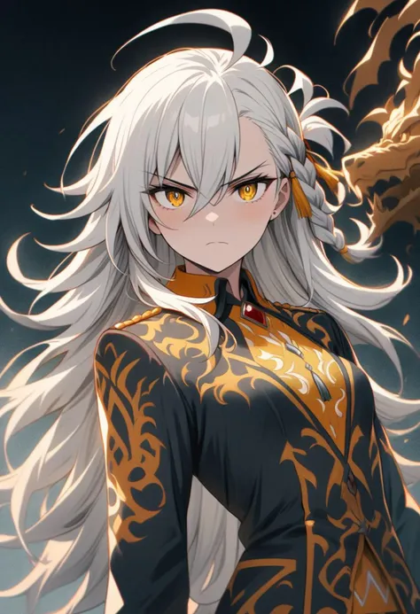 Olga marie animusphere \(Fate)\, 1girl, solo,, long hair, braid, white hair, yellow eyes, ahoge, hair between eyes, small breasts, grey hair, serious, whole body, iris dragon, (masterpiece), (best quality), (ultra detailed), illustration, perfect composition, intricate details