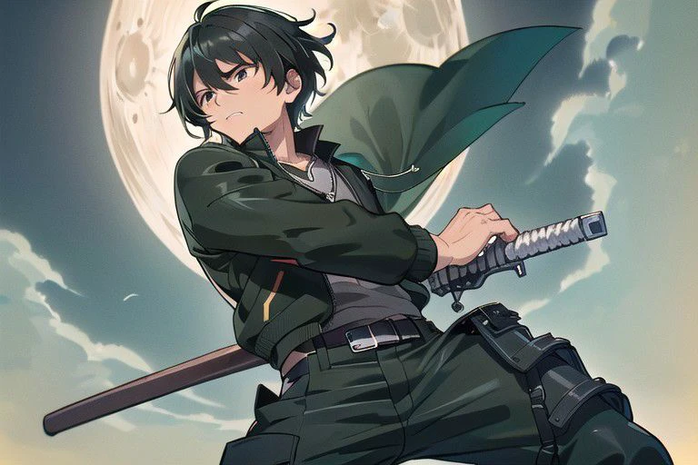 nsfw, (masterpiece:1.4), 4K8K, (anime style:1.3),
(illustrations), (high shutterspeed:1.1), (sharp edges),
boy, male,
dignified,
battoujutsu,
brown eyes, (Detailed short straight hair, (black hair:1.2)), Height 170cm,
(wearing black deep green jacket and cargopants:1.2),
(in wilderness at moonnight:1.3), (from below:1.1),
<lora:battoujuku_24re_d128:1>