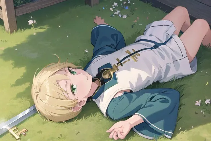 (masterpiece:1.4), 4K8K, (anime style, key visual:1.3), 
(illustrations), (high shutterspeed:1.1), (sharp edges), 
1 boy, male, (petite), blond short and green eyes, he (lying falled down), (a wooden sword) falls beside him, (looking away:1.3), 
wearing ivory Hemp clothes Villagers' clothes, 
(in Lawn in front of the village chief's house1.2), (wide shot from far above:1.3), 
Target tokens: blond, green, ivory, 
Cutoff weight:1