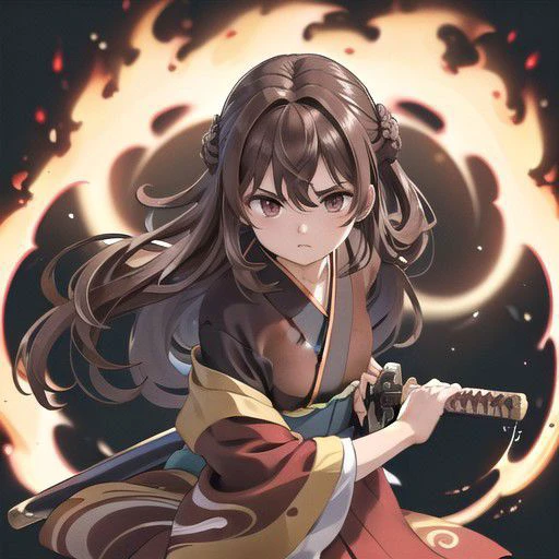 (masterpiece:1.4), 4K8K, (anime style:1.3),
(illustrations), (high shutterspeed:1.1), (sharp edges),
1llady, about 20 years old, upper body, lool at viewer,
dignified, frown, (standing:1.3), (a short katana),
(battoujutsu:1.4),
brown eyes, Droping eyes with Round eyes, mole under the eye,
((deep brown hair:1.2), long hair, half updo:1.4),
medium breasts, Height 162cm,
(wearing black and red kimono with a long hem:1.3),
(standing:1.3)
(in the vortex of a blazing fire, Flames of many colours:1.3), (from below:1.2),
<lora:battoujuku_24re_d128:1>
