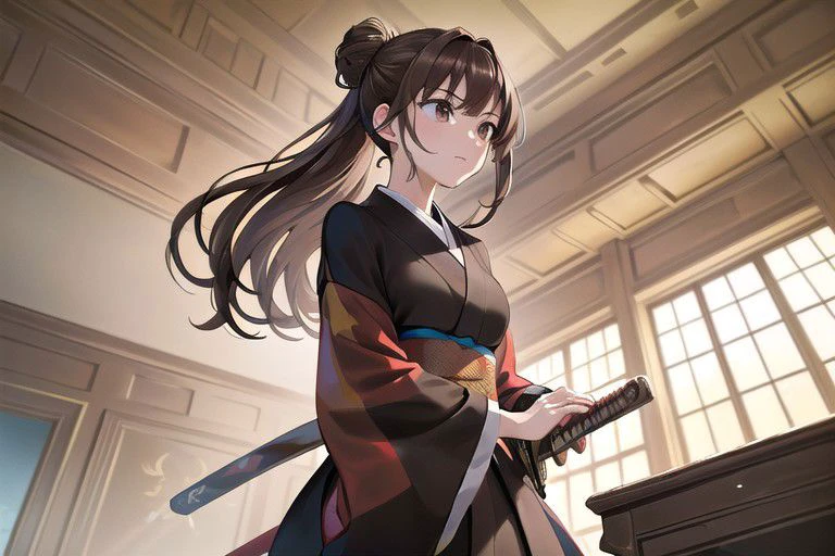 (masterpiece:1.4), 4K8K, (anime style:1.3),
(illustrations), (high shutterspeed:1.1), (sharp edges),
1llady, about 20 years old, University student,
dignified, (standing:1.3), (a short katana),
(battoujutsu:1.4),
brown eyes, Droping eyes with Round eyes, mole under the eye,
((deep brown hair:1.2), long hair, half updo:1.4),
medium breasts, Height 162cm,
(wearing black and red kimono with a long hem:1.3),
(looking away:1.4), (standing:1.3)
(in The Medieval European-style aristocratic mansion inside:1.4), (from below:1.5),
<lora:battoujuku_24re_d128:1>