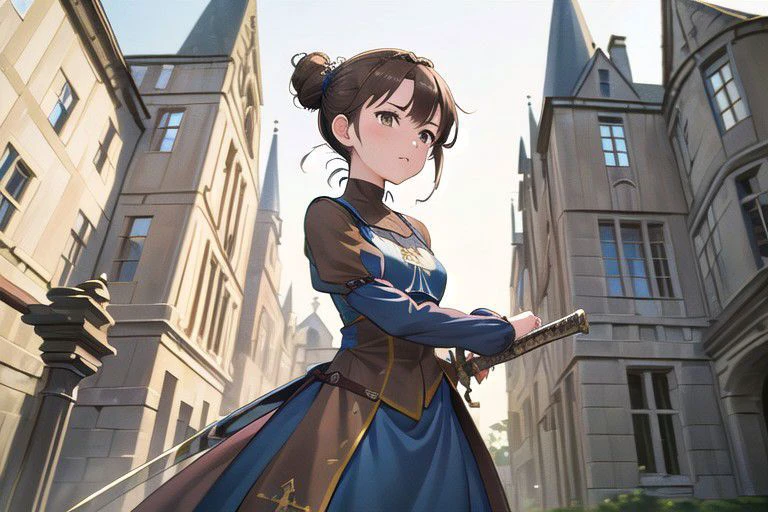 (masterpiece:1.4), 4K8K, (anime style:1.3),
(illustrations), (high shutterspeed:1.1), (sharp edges),
1llady bend down, about 20 years old, University student,
dignified, (standing:1.3), (a short katana),
(battoujutsu:1.4),
brown eyes, Droping eyes with Round eyes, mole under the eye,
((deep brown hair:1.2), long hair, (full updo:1.5)),
medium breasts, Height 162cm,
(wearing blue Holder-neck dress, long sack:1.3),
(looking away:1.4), (standing:1.3)
(in The Medieval European-style aristocratic mansion front :1.4), (from front below:1.5),
<lora:battoujuku_24re_d128:1>