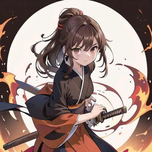 (masterpiece:1.4), 4K8K, (anime style:1.3),
(illustrations), (high shutterspeed:1.1), (sharp edges),
1llady, about 20 years old, upper body, lool at viewer,
dignified, (standing:1.3), (a short katana),
(battoujutsu:1.4),
brown eyes, Droping eyes with Round eyes, mole under the eye,
((deep brown hair:1.2), long hair, half updo:1.4),
medium breasts, Height 162cm,
(wearing black and red kimono with a long hem:1.3),
(standing:1.3)
(in the vortex of a blazing fire, Flames of many colours:1.3), (from below:1.2),
<lora:battoujuku_24re_d128:1>