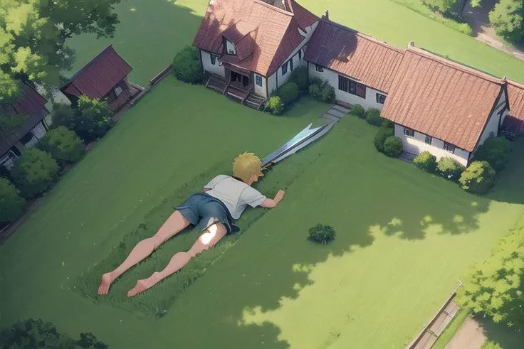 (masterpiece:1.4), 4K8K, (anime style, key visual:1.3),
(illustrations), (high shutterspeed:1.1), (sharp edges),
1 boy, male, (petite), blond short and green eyes, he (lying falled down), (a wooden sword) falls beside him, (looking away:1.3),
wearing Dirty hemp clothes, Villagers' clothes,
(in Lawn in front of the village chief's house1.2), (wide shot from far above:1.3),
Target tokens: blond, green, ivory,
Cutoff weight:1