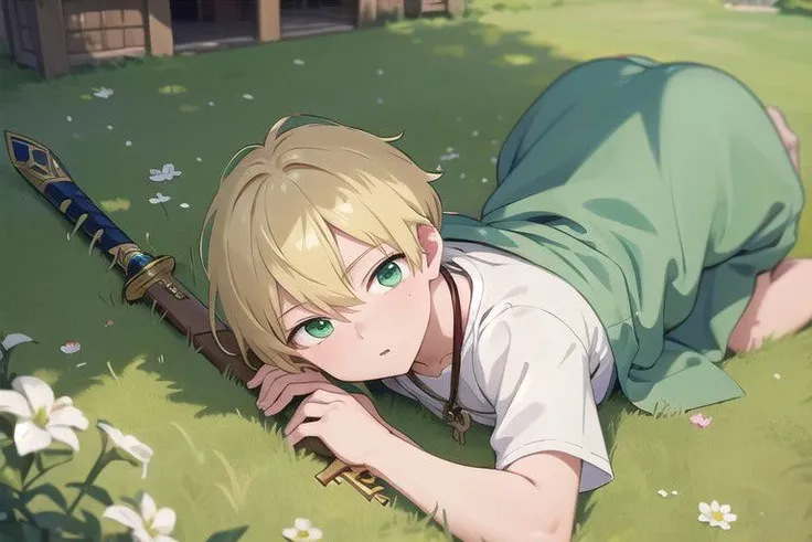 (masterpiece:1.4), 4K8K, (anime style, key visual:1.3), 
(illustrations), (high shutterspeed:1.1), (sharp edges), 
1 boy, male, (petite), blond short and green eyes, he (lying falled down), (a wooden sword) falls beside him, (looking away:1.3), 
wearing ivory Hemp clothes Villagers' clothes, 
(in Lawn in front of the village chief's house1.2), (wide shot from far above:1.3), 
Target tokens: blond, green, ivory, 
Cutoff weight:1