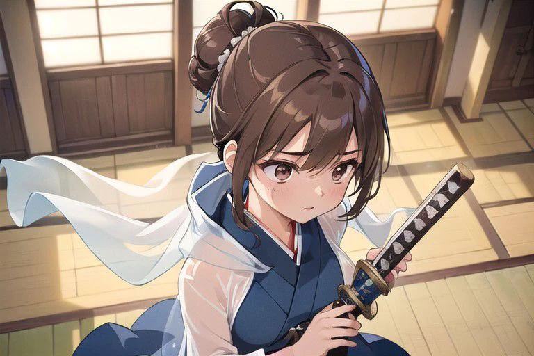 (masterpiece:1.4), 4K8K, (anime style:1.3),
(illustrations), (high shutterspeed:1.1), (sharp edges),
1llady Sword dance, about 20 years old, University student,
dignified, (standing:1.3), (a short katana),
(battoujutsu:0.8), (Sword dance with Japanese katana:1.4),
brown eyes, Droping eyes with Round eyes, mole under the eye,
((deep brown hair:1.2), long hair, (full updo:1.5)),
medium breasts, Height 162cm,
(wearing blue Holder-neck dress and see-through white shawl:1.3),
(looking away:1.4), (standing:1.3)
(in The Medieval ballroom:1.4), (wide shot from above:1.5),
<lora:battoujuku_24re_d128:0.7>