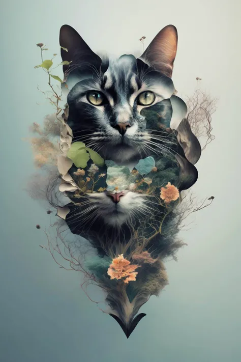 <lora:Surreal Harmony:1>Surreal Harmony - a digital collage of a cat's head with elements of nature intertwined.