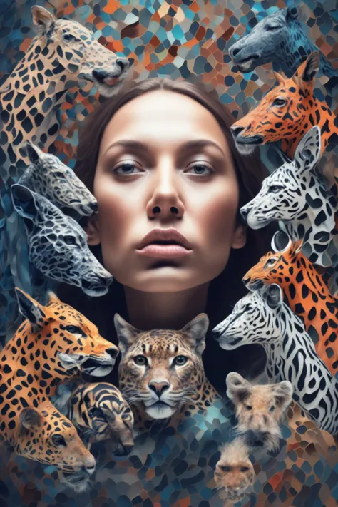 <lora:Surreal Harmony:1>Surreal Harmony - a digital artwork of a person's face morphing into a mosaic of animals.