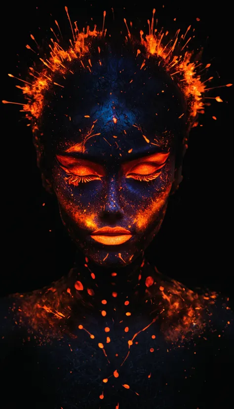 A photograph of a beautiful Iranian  woman's head surrounded,  intricate details, symmetric, geometric, art deco, sacred geometry, abstract,  fractal, in style of Carne Griffiths, in the style of Andy Gilmore, (fire, sparks, embers), fire particles,  flames, chaos, neon, surreal, science fiction, futuristic, glowing, Black , Red, Orange
<lora:Surreal Harmony:1> Surreal Harmony
<lora:zavy-flrscnc-sdxl:1> zavy-flrscnc, fluorescent, fluorescent face paint
<lora:sinfully_stylish_SDKL:0.4>
<lora:MJ52:0.4>