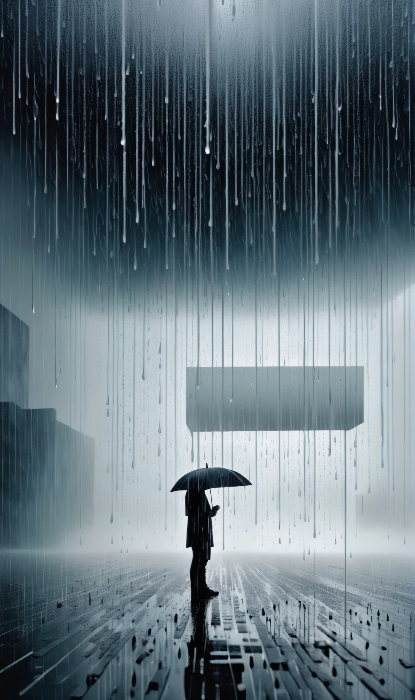 melancholy mistrusting manipulative, Torrential Rain Cascading droplets create a thunderous symphony, in the style of John Martin and Carlos Berlanga, mirrored imagery, <lora:Surreal Harmony:.4> Surreal Harmony, <lora:Ryoji Ikeda Style:.4> Ryoji Ikeda Style