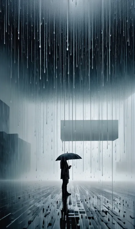 melancholy mistrusting manipulative, Torrential Rain Cascading droplets create a thunderous symphony, in the style of John Martin and Carlos Berlanga, mirrored imagery, <lora:Surreal Harmony:.4> Surreal Harmony, <lora:Ryoji Ikeda Style:.4> Ryoji Ikeda Style
