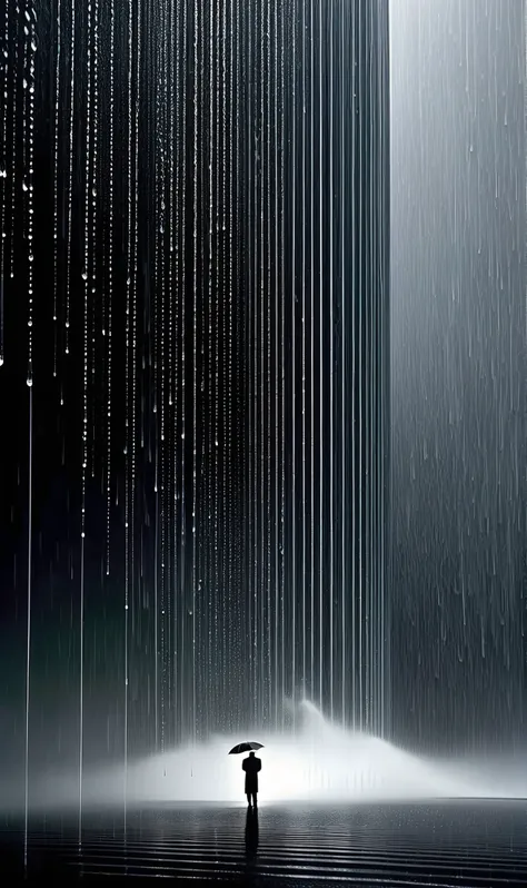 melancholy mistrusting manipulative, Torrential Rain Cascading droplets create a thunderous symphony, in the style of John Martin and Carlos Berlanga, mirrored imagery, <lora:Surreal Harmony:.8> Surreal Harmony, <lora:Ryoji Ikeda Style:.5> Ryoji Ikeda Style, Chiaroscuro