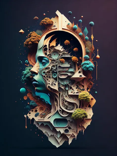 <lora:SurrealHarmony:0.7>a stylized image of a person's head with a lot of different things in it