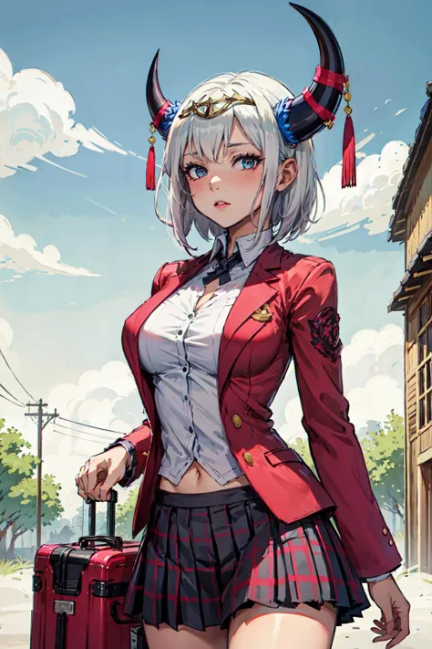 ((masterpiece)), (looking at viewer:1.1), (cowboy_shot:1.2),
BREAK
1girl, mature_female, ( short hair:1.3),  tan, horns, tiara, large_breasts,  <lora:EPfeZephia:0.7>, EPfeZephia,
BREAK
(blazer, pleated plaid_skirt, luggage carrier, mini wings:1.2),  day, clouds, dojo,