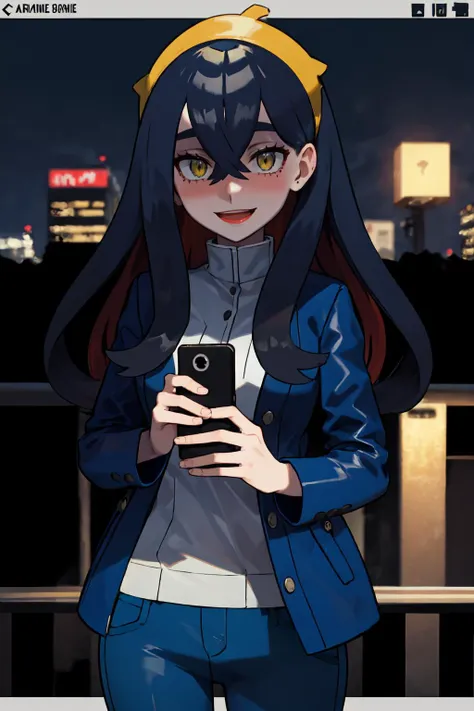 masterpiece, best quality, looking at viewer, facing viewer, nice hands, perfect hands, <lora:PokemonV2:1> <lora:GoodHands-vanilla:1>, generation 9, 1girl, solo, (night:1.3), low key, <lora:LowRA:0.7>, excited, blush, balcony, penthouse, wide windows, city, smile, happy, <lora:carmine:0.7>, carmine, 1girl, solo, cowboy shot, outdoors, sky, ((blue jacket, blue pants))