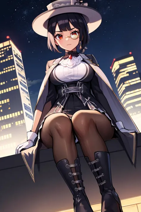 masterpiece, best quality,  <lora:zinnia-nvwls-v1-000009:0.9> scZinnia, monocle, top hat, black coat, white ascot, black skirt, white gloves, brown pantyhose, boots, sitting, from below, night sky, cityscape, large breasts