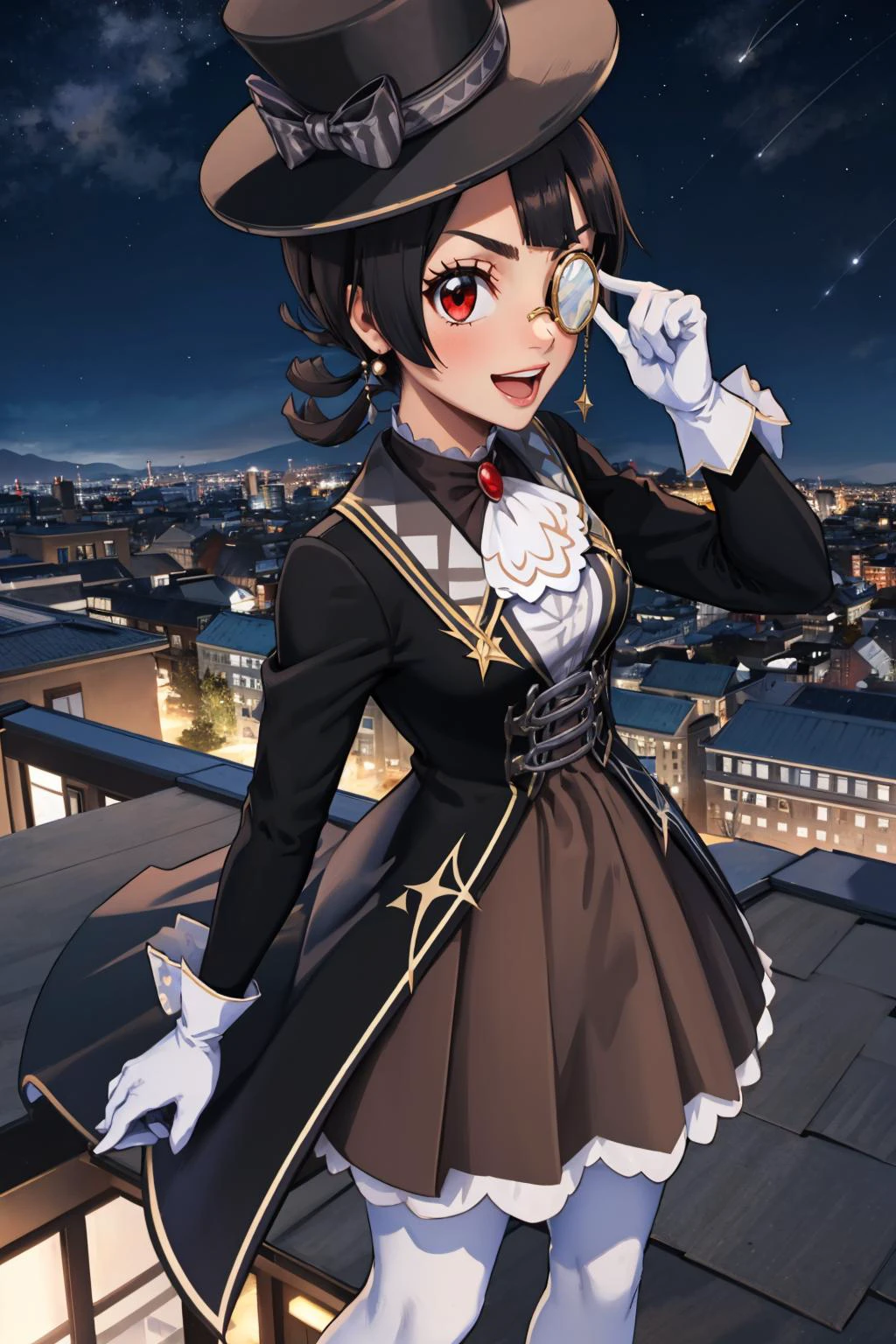 masterpiece, best quality, <lora:zinnia-nvwls-v1-000009:0.9> scZinnia, monocle, top hat, black coat, white ascot, black skirt, white gloves, brown pantyhose, :D, looking at viewer, furrowed brow, rooftop, cityscape, night sky