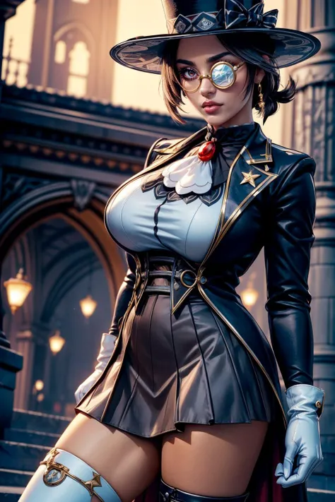 (ultra realistic,32k, masterpiece:1.2),(high detailed skin:1.1),( high quality:1.1),
<lora:zinnia-nvwls-v1:0.8>(envy:1.1),scZinnia,red eyes,black hair,single monocle, top hat, black coat, white ascot, black skirt, white gloves, pantyhose, boots, starborn citadel, celestial architecture, radiant beacons, abode of star-born beings blurry background,(huge breast,large breast:1.1),fighting stance, <lora:add_detail:0.9>,
(tenebrism:1.1),