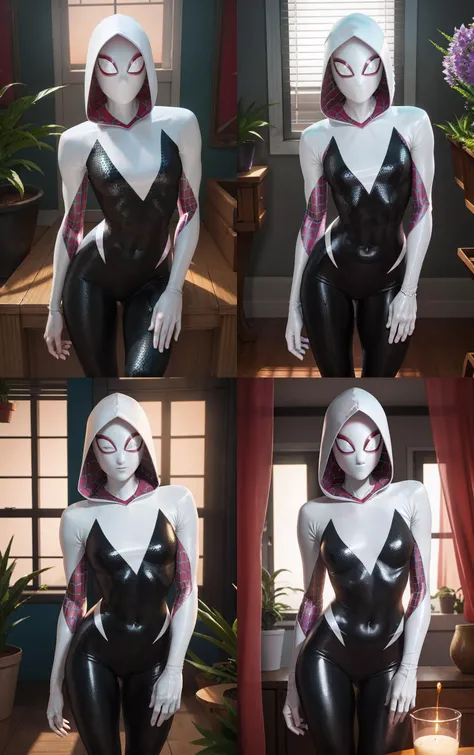 MaskedCostum_SpiderVerse_GwenStacy_ownwaifu,
1girl, mask, breasts, medium breasts,
hooded bodysuit, spider web print, silk, black bodysuit, white bodysuit, skin tight, hood up, ballet slippers, covered navel, superhero,
{<lora:CARTOON_SpiderVerse_GwenStacy_ownwaifu:1>|<lora:CARTOON_SpiderVerse_GwenStacy_ownwaifu:0.9>|<lora:CARTOON_SpiderVerse_GwenStacy_ownwaifu:0.8>|<lora:CARTOON_SpiderVerse_GwenStacy_ownwaifu:0.7>},
((masterpiece)),((best quality)),(highres, absurdres), original, official_art, chromatic_aberration, bokeh, depth_of_field, window, wisteria, loaded_interior, skylight, sunset, indoors, window_shade, potted_plant, focused, looking at viewer, solo, cowboy shot,