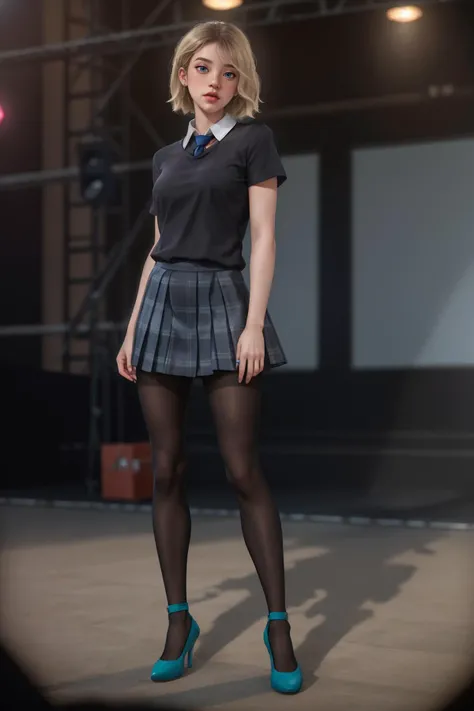 8k,highres,absurdres,masterpiece,best quality,original,extremely detailed CG,extremely detailed wallpaper,perfect lighting,<lyco:GoodHands-beta2:1>,
1girl,solo,blurry_background,looking_at_viewer,standing on the stage,
<lora:CARTOON_SpiderVerse_GwenStacy_ownwaifu:0.7>,Dress_SpiderVerse_GwenStacy_ownwaifu,blonde hair,eyebrow piercing,medium hair,short hair,blue eyes,lips,nose,bangs,freckles,blush,piercing,breasts,medium breasts,jewelry,makeup,collared shirt,white shirt,black shirt,shirt,short sleeves,necktie,pleated skirt,skirt,black pantyhose,school uniform,
