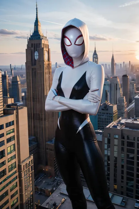 gwen stacy, mask, hood,
hooded bodysuit, spider web print, white bodysuit, mask, looking at viewer, standing, arms crossed, outside, cityscape, on building roof, dusk, sunset, high quality, masterpiece, <lora:CARTOON_SpiderVerse_GwenStacy_ownwaifu:.8>