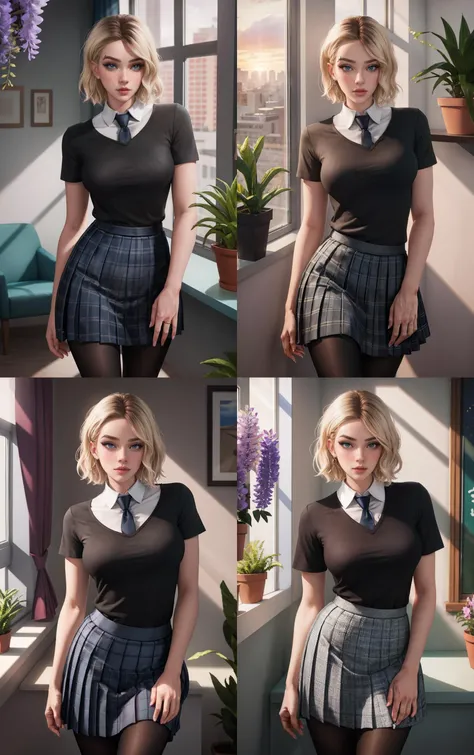 Dress_SpiderVerse_GwenStacy_ownwaifu,
1girl, blonde hair, eyebrow piercing, medium hair, short hair, blue eyes, lips, nose, bangs, freckles, blush, piercing, breasts, medium breasts, jewelry, makeup,
collared shirt, white shirt, black shirt, shirt, short sleeves, necktie, pleated skirt, skirt, black pantyhose, school uniform,
{<lora:CARTOON_SpiderVerse_GwenStacy_ownwaifu:1>|<lora:CARTOON_SpiderVerse_GwenStacy_ownwaifu:0.9>|<lora:CARTOON_SpiderVerse_GwenStacy_ownwaifu:0.8>|<lora:CARTOON_SpiderVerse_GwenStacy_ownwaifu:0.7>},
((masterpiece)),((best quality)),(highres, absurdres), original, official_art, chromatic_aberration, bokeh, depth_of_field, window, wisteria, loaded_interior, skylight, sunset, indoors, window_shade, potted_plant, focused, looking at viewer, solo, cowboy shot,