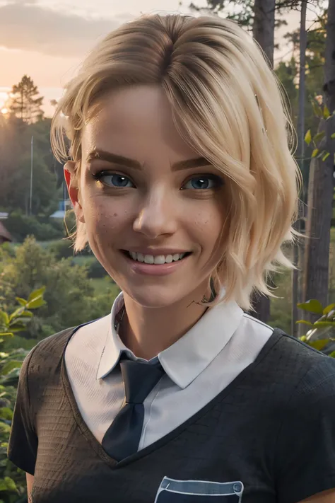 gwen stacy, short blonde hair, blue eyes, eyebrow piercing, asymmetrical hair, undercut,
white collared shirt, black shirt, short sleeves, necktie,
looking at viewer, smiling, close up, outside, forest, trees, dusk, sunset, high quality, masterpiece, <lora:CARTOON_SpiderVerse_GwenStacy_ownwaifu:.8>