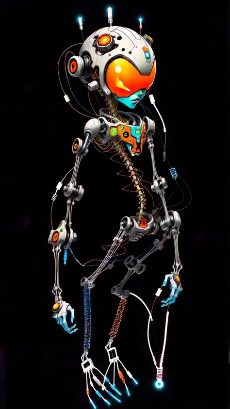 style of (Android Jones:1.2), concept art, orange hair, 1man, colorful, highest detailed, real, an extremely brutal and regal, from side, dystopian tone, game art, (1mechanical boy), solo, full body, joints, mechanical limbs, blood vessels connected to tubes, (mechanical vertebra attaching to back), (mechanical servos attaching to neck), expressionless, (wires and cables attaching to neck), (wires and cables on head), (character focus), science , (blood), rage, addressing the humans that remain