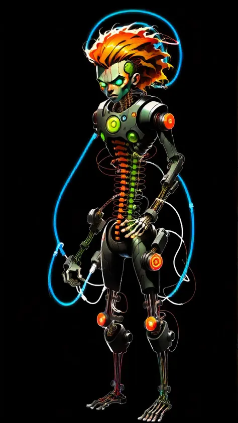 style of (Android Jones:1.2), concept art, orange hair, 1man, colorful, highest detailed, real, an extremely brutal and regal, from side, dystopian tone, game art, (1mechanical boy), solo, full body, joints, mechanical limbs, blood vessels connected to tubes, (mechanical vertebra attaching to back), (mechanical servos attaching to neck), expressionless, (wires and cables attaching to neck), (wires and cables on head), (character focus), science , (blood), rage, addressing the humans that remain