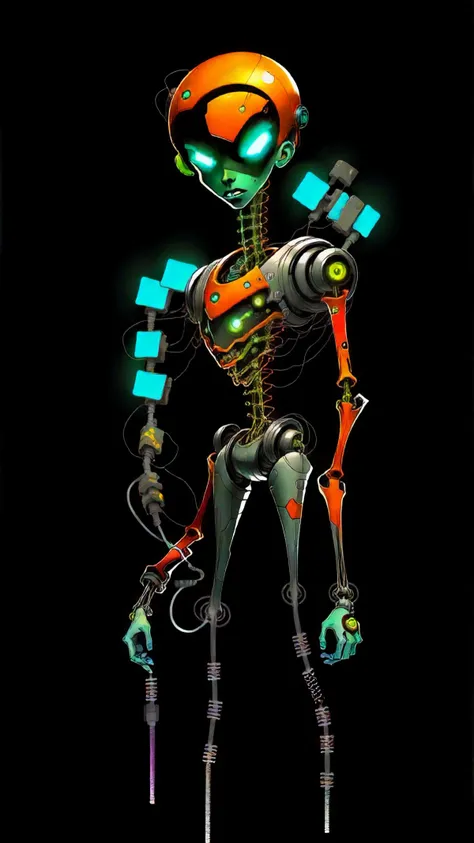 style of (Android Jones:1.2), concept art, orange hair, 1man, colorful, highest detailed, real, an extremely brutal and regal, from side, dystopian tone, game art, (1mechanical boy), solo, full body, joints, mechanical limbs, blood vessels connected to tubes, (mechanical vertebra attaching to back), (mechanical servos attaching to neck), expressionless, (wires and cables attaching to neck), (wires and cables on head), (character focus), science , (blood), rage, addressing the humans that remain