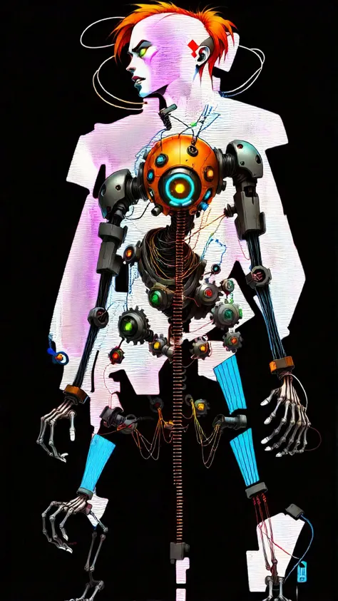 style of (Android Jones:1.2), concept art, orange hair, 1man, colorful, highest detailed, real, an extremely brutal and regal, from side, dystopian tone, game art, (1mechanical boy), solo, full body, joints, mechanical limbs, blood vessels connected to tubes, (mechanical vertebra attaching to back), (mechanical servos attaching to neck), expressionless, (wires and cables attaching to neck), (wires and cables on head), (character focus), science , (blood), rage, addressing the humans that remain
